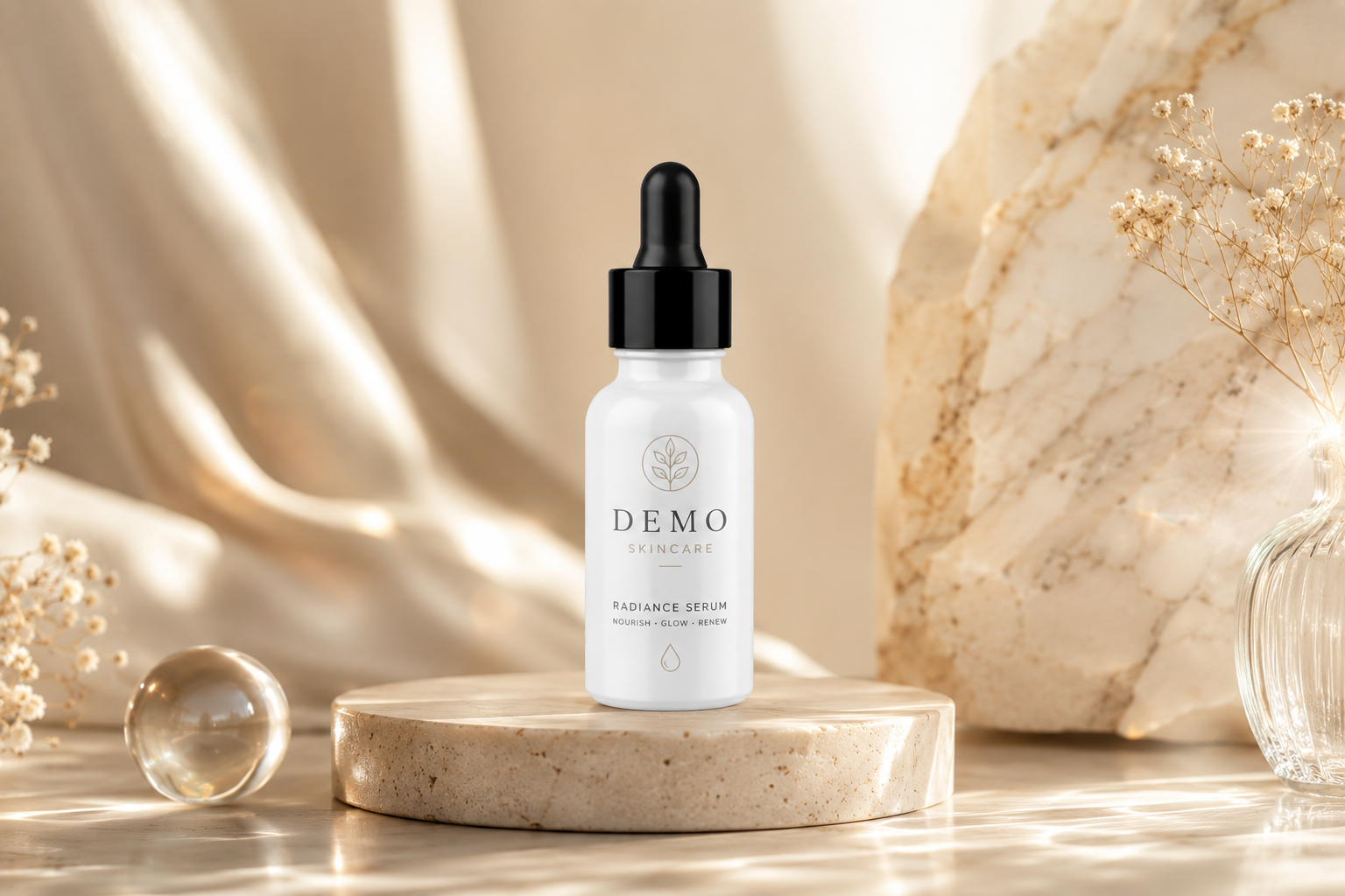 After: the same serum bottle staged on a stone podium in warm, soft light